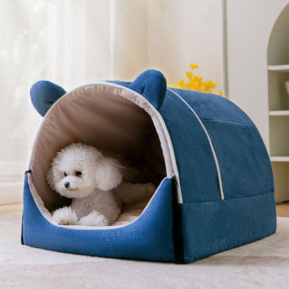 Pet Bed with Cute Ears - Convertible House & Mat