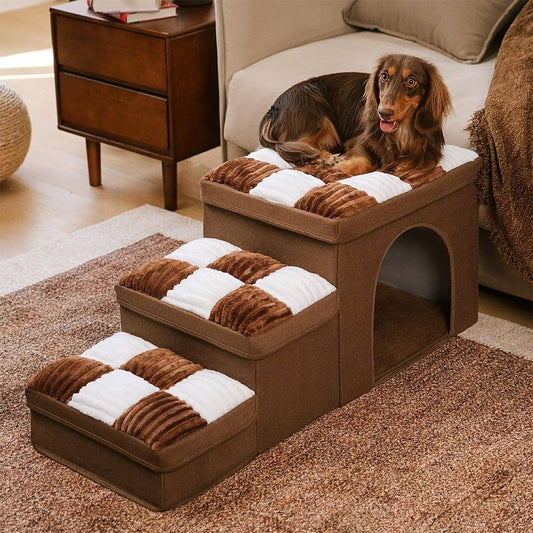 Wooden Pet Stairs with Storage and Hideaway