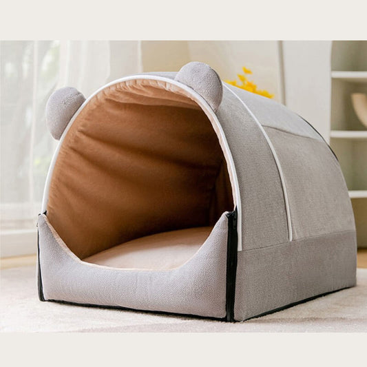 Pet Bed with Cute Ears - Convertible House & Mat